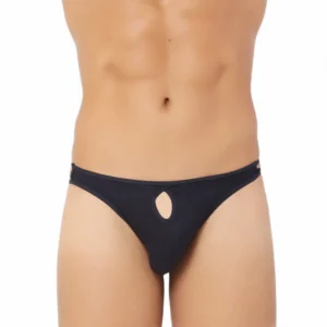 BS Men's Cotton Spandex Brief Thong Front Open Hole Notch Underwear (Black)