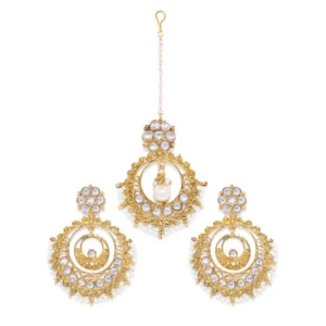 BS Women's Rose Gold Plated Alloy Kundan Earrings & Mangtikka (White)