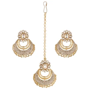 BS Women's Rose Gold Plated Alloy Kundan Earrings & Mangtikka (White)