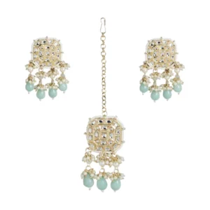 BS Women's Rose Gold Plated Alloy Kundan Earrings & Mangtikka (White)