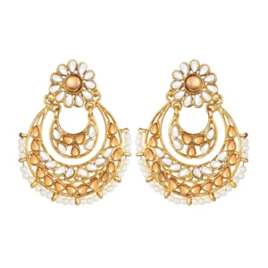 BS Women's Rose Gold Plated Alloy Kundan Earrings & Mangtikka (White & Gold)