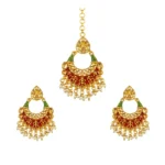 BS Women's Rose Gold Plated Alloy Kundan Earrings & Mangtikka (Red & Green)