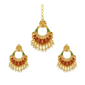 BS Women's Rose Gold Plated Alloy Kundan Earrings & Mangtikka (Red & Green)