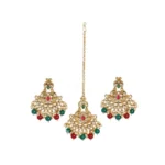 BS Women's Rose Gold Plated Alloy Kundan Earrings & Mangtikka (Red & Green)