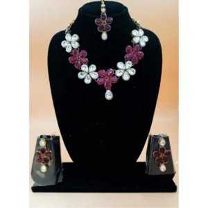 BS Women's Elegent Kundan And Stone Necklace Set (Red, Free Size)