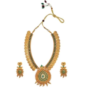 BS Women's Gold Plated Temple Necklace and Earrings Set with Pearls (Green, Free Size)