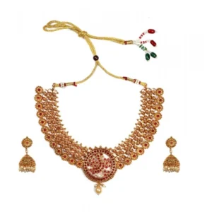 BS Women's Gold Plated Temple Necklace and Earrings Set (Red, Free Size)