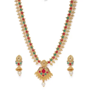 BS Women's Rose Gold Plated Alloy Necklace & Earings Set (Green & Red)