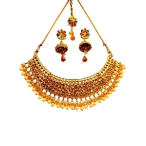 BS Women's Rose Gold Plated Alloy Necklace Earrings With Maangtika Set (Gold)