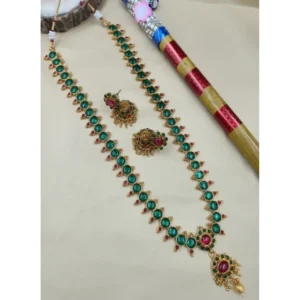 BS Women's Classic Copper Kempu Haram Jewellery Set (Green, Free Size)