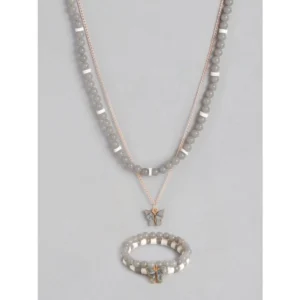 BS  Women's Rose Gold Plated Brass Pendant Chain With Beaded Bracelet (Grey)