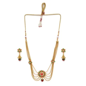 BS Women's Rose Gold Plated Alloy Necklace & Earings Set (Green & Red)