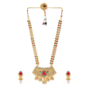 BS Women's Rose Gold Plated Alloy Necklace & Earings Set (Green & Red)