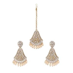 BS Women's Rose Gold Plated Alloy Kundan Earrings & Mangtikka (White)