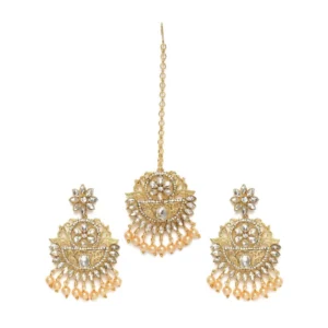 BS Women's Rose Gold Plated Alloy Kundan Earrings & Mangtikka (White)