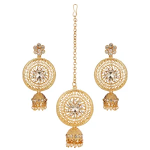 BS  Women's Rose Gold Plated Alloy Kundan Earrings & Mangtikka (White)
