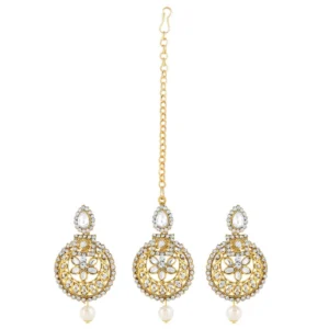 BS Women's Rose Gold Plated Alloy Kundan Earrings & Mangtikka (White)
