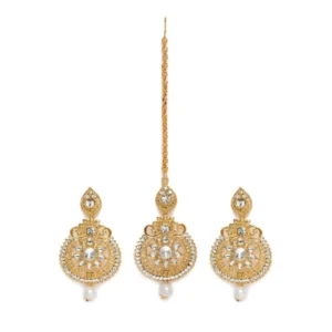 BS  Women's Rose Gold Plated Alloy Kundan Earrings & Mangtikka (White)