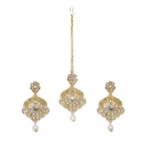 BS  Women's Rose Gold Plated Alloy Kundan Earrings & Mangtikka (White)