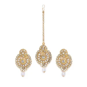 BS Women's Rose Gold Plated Alloy Kundan Earrings & Mangtikka (White)