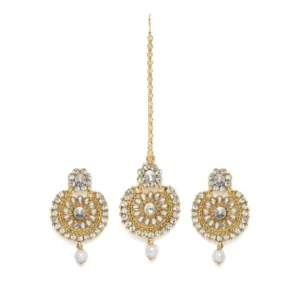 BS Women's Rose Gold Plated Alloy Kundan Earrings & Mangtikka (White)