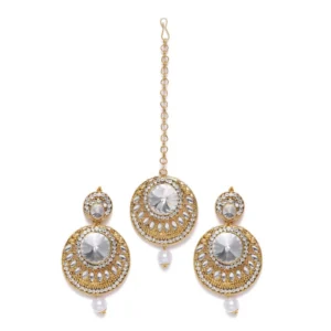 BS  Women's Rose Gold Plated Alloy Kundan Earrings & Mangtikka (White)
