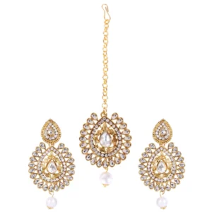 BS  Women's Rose Gold Plated Alloy Kundan Earrings & Mangtikka (White)