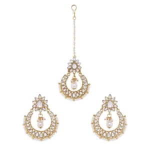 BS Women's Rose Gold Plated Alloy Kundan Earrings & Mangtikka (White)