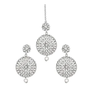 BS Women's Rose Gold Plated Alloy Kundan Earrings & Mangtikka (White)