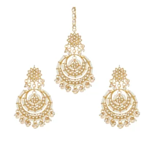 BS Women's Rose Gold Plated Alloy Kundan Earrings & Mangtikka (White)