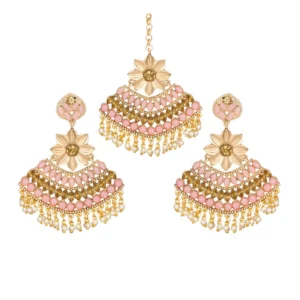 BS Women's Rose Gold Plated Alloy Kundan Earrings & Mangtikka (Pink)