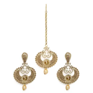 BS Women's Rose Gold Plated Alloy Kundan Earrings & Mangtikka (Gold)