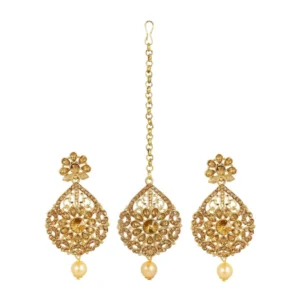 BS Women's Rose Gold Plated Alloy Kundan Earrings & Mangtikka (Gold)