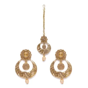 BS Women's Rose Gold Plated Alloy Kundan Earrings & Mangtikka (Gold)