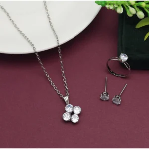 BS  Women's Silver Color Stone Locket Pendant Set Adjustable Ring