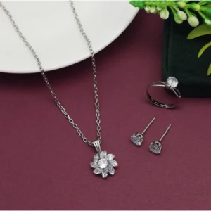 BS  Women's Silver Color Stone Locket Pendant Set Adjustable Ring