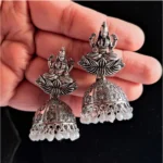 BS Women's Silver Color Goddess Laxmi Temple Oxidised Earrings