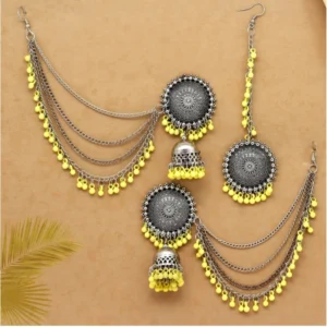 BS Women's Yellow Color Oxidised Earrings Tikka Set