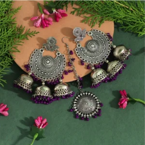 BS Women's Purple Color Oxidised Earrings Tikka Set