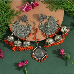 BS Women's Orange Color Oxidised Earrings Tikka Set