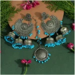 BS Women's Firozi Color Oxidised Earrings Tikka Set