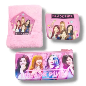 BS 3 in 1 Black Pink BTS Stationery Set With 2 Pouchs And 1 Packet Dairy | Soft Furr | Stationery | 5+ Years