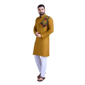 BS Men's Rayon Mirror Embroidery Mandarin Collar Kurta (Yellow)