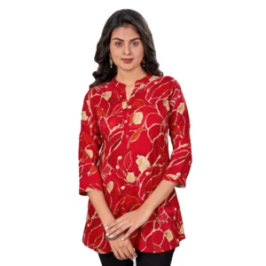 BS Women's Rayon Mandarin Collar 3/4 Sleeves Short Top (Red)