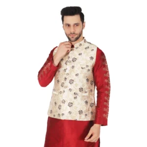 BS Men's Jacquard Self-Design Sleeveless Mandarin Neck Waistcoat (Cream)