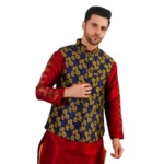 BS Men's Jacquard Self-Design Sleeveless Mandarin Neck Waistcoat (Blue-Gold)