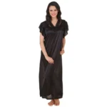 BS Women's Satin Long Nighty Frill Sleeve(Color: Black, Neck Type: V Neck)