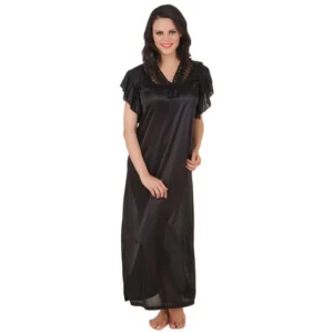 BS Women's Satin Long Nighty Frill Sleeve(Color: Black, Neck Type: V Neck)