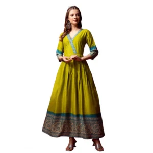 BS Women's Cotton Blend Printed Anarkali Gown (Green)