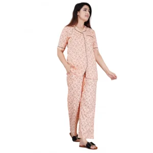 BS Women's Casual Half Sleeve Printed Viscose Rayon Shirt With Pyjama Pant Night Suit Set (Peach)